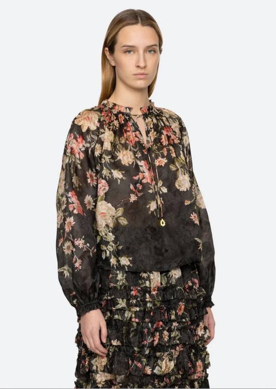 Sea Jolie Floral Long-Sleeve Blouse in Black Multi Floral S